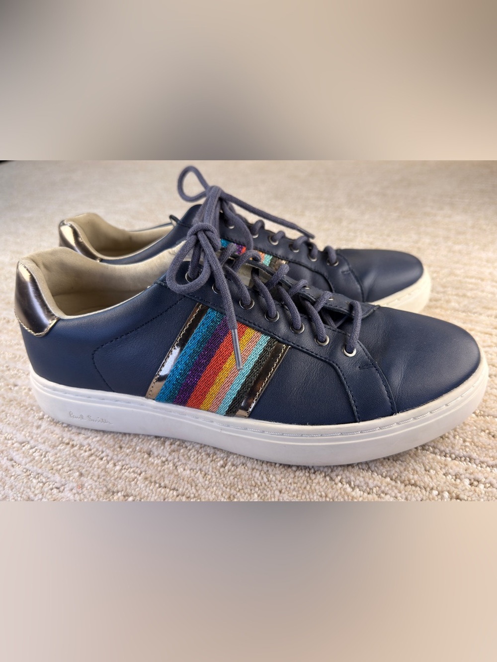 Paul Smith EU-40/US 9 Navy Leather Sneakers Rainbow Stripe Detail